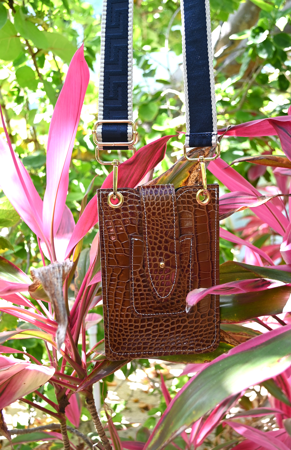 Classic Style Phone Pouch Crossbody in Glossy Caramel