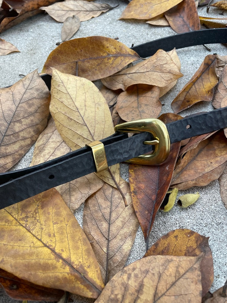 Black Hand Stamped Belt with Gold Hardware