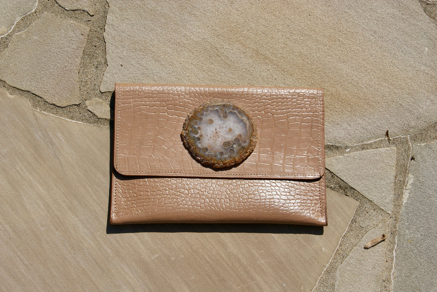 Rosa Clutch in Tan with Large Agate Stone