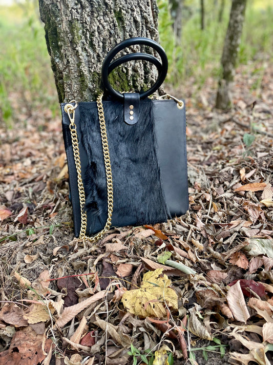 Charlene Style Handle Bag in Two-Tone Black