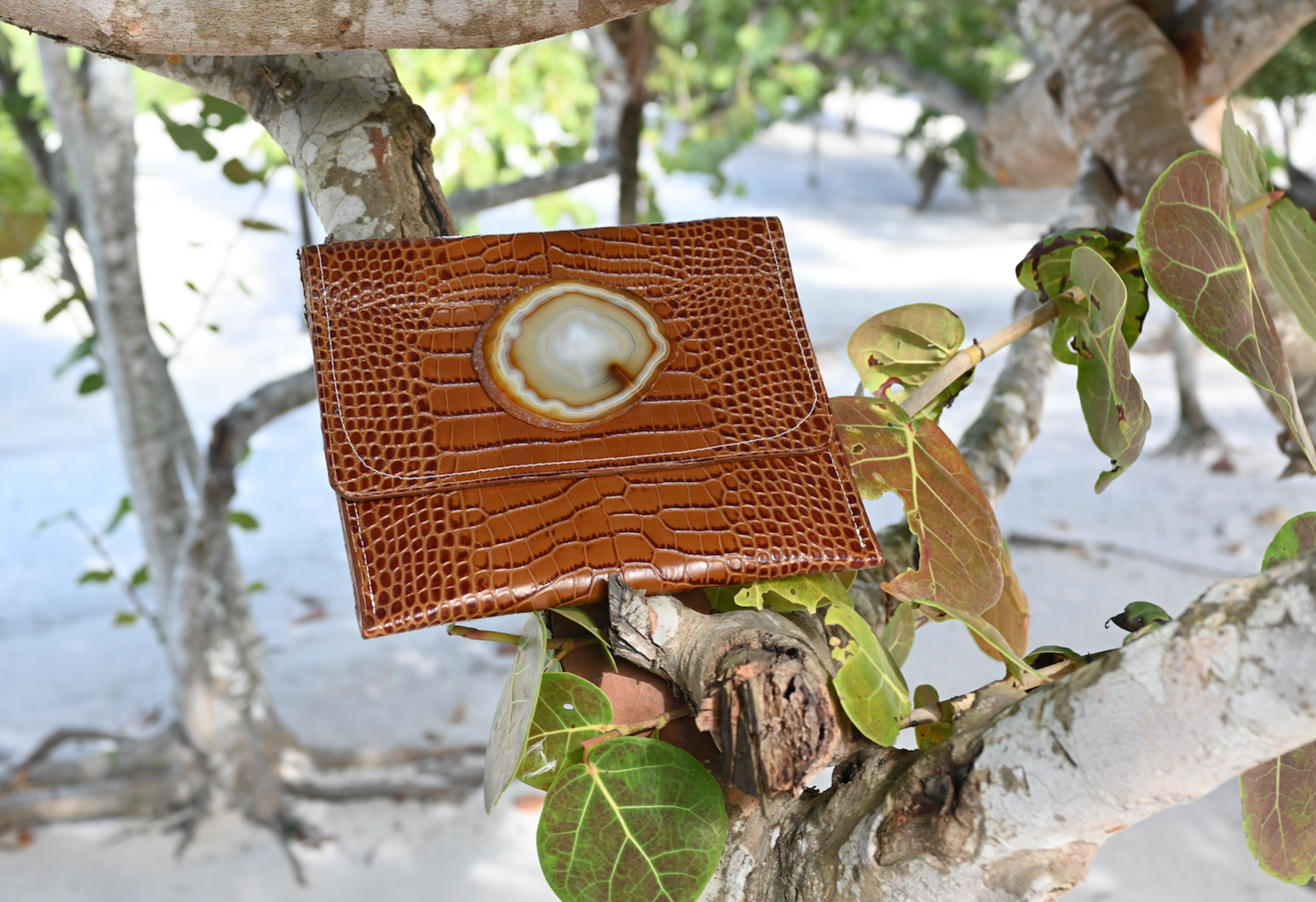 Tall Bellflower Clutch in Glossy Caramel with Large Agate Stone