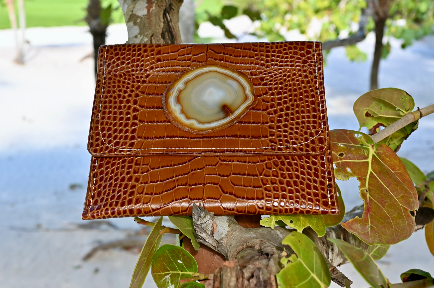 Spring Larkspur Style Clutch in Glossy Brown with an Agate Stone